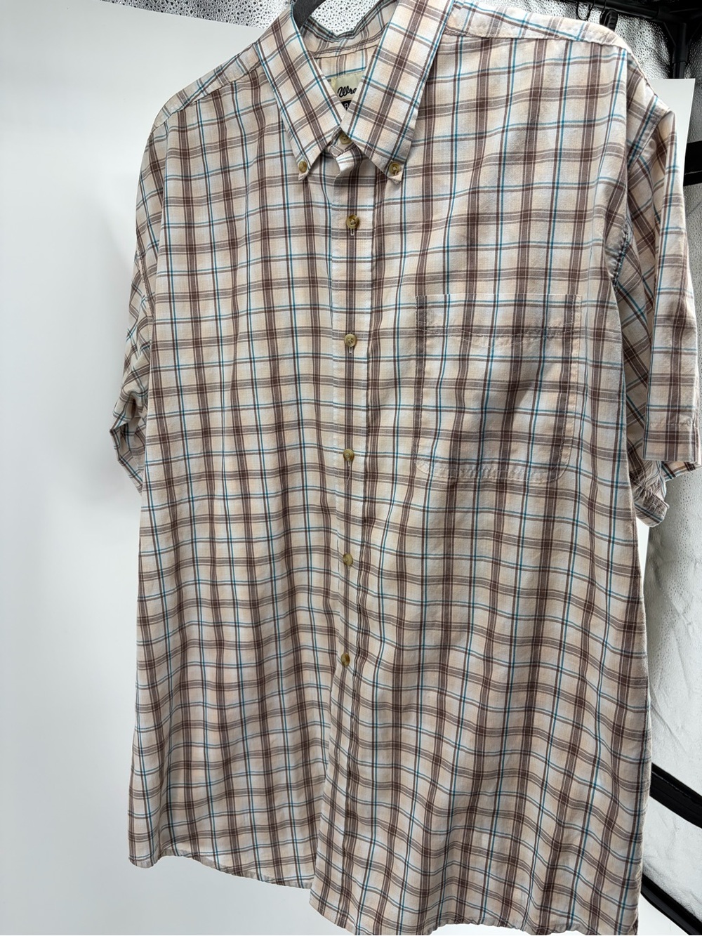 Wrangler Tan and Blue Plaid Short-Sleeve Button-Down Shirt